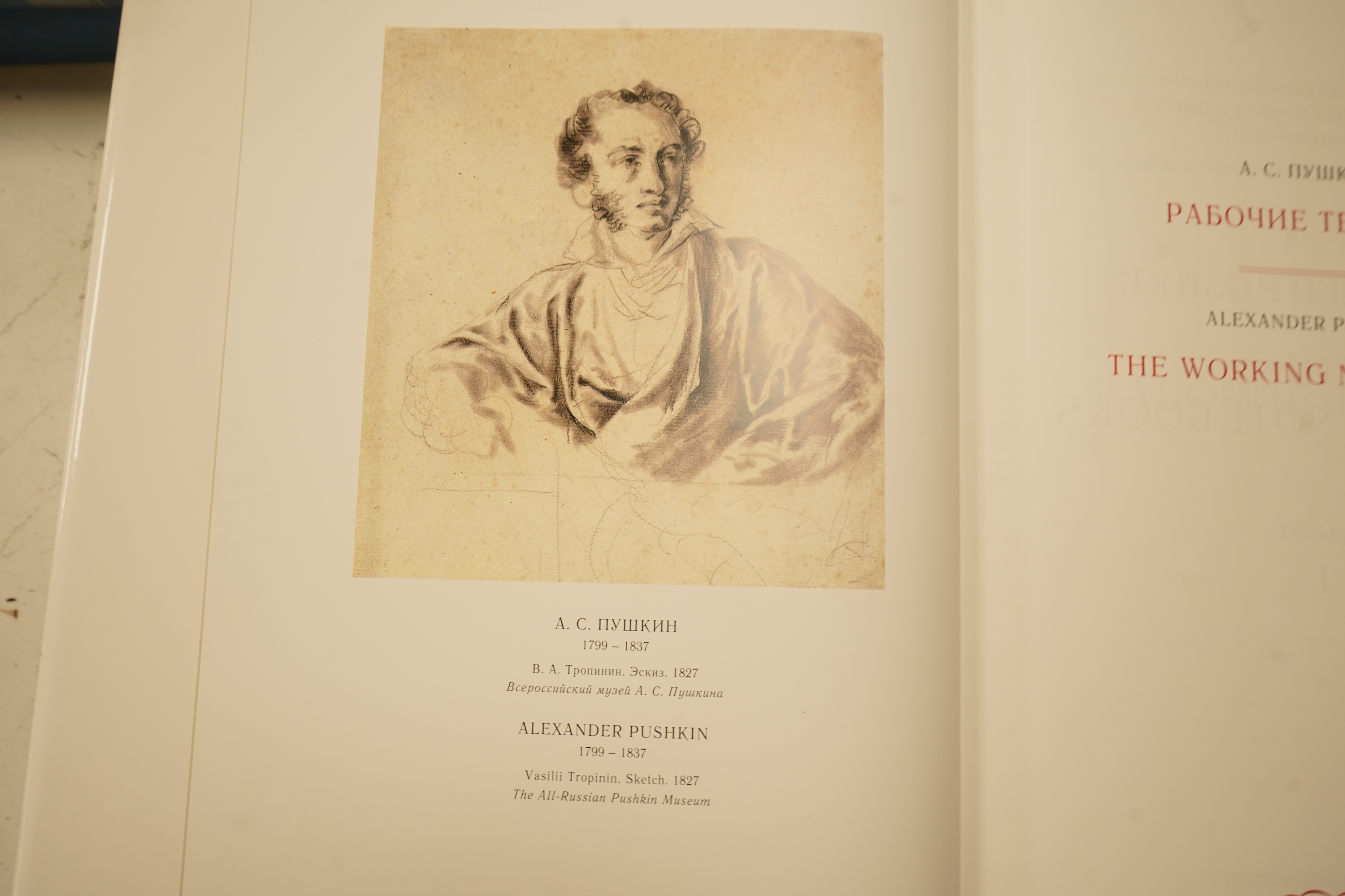 [Russian text] Puskin, Alexander - The Working Notebooks. vols 1 and 2 only (ex.8). vol. with facsimile text and illus. (some coloured); publisher's gilt pictorial cloth and d/wrappers, fol. St. Petersburg and London, 19